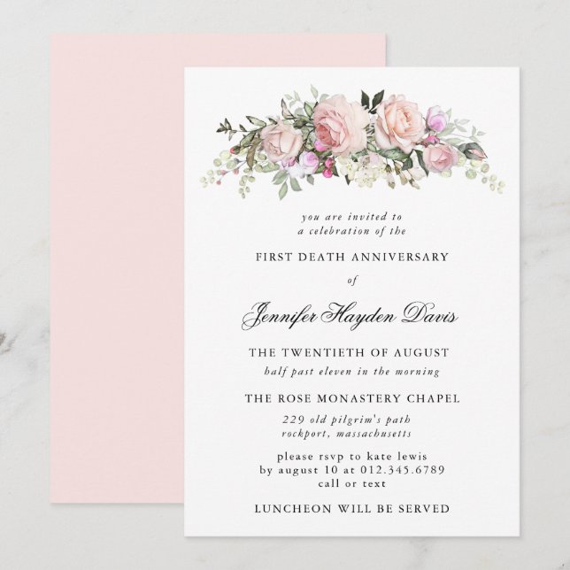 Invitación Primer aniversario de la muerte de la flor rosa ro (Anverso / Reverso)