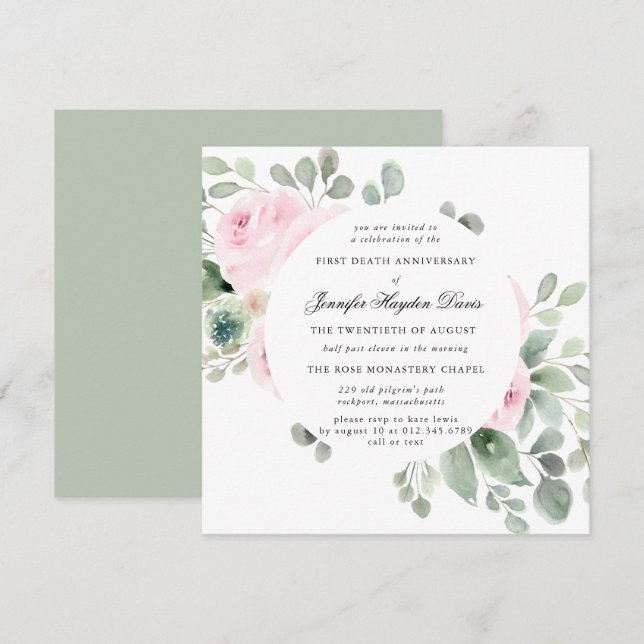 Invitación Primer aniversario de la muerte de Rosa Eucalyptus (Anverso / Reverso)
