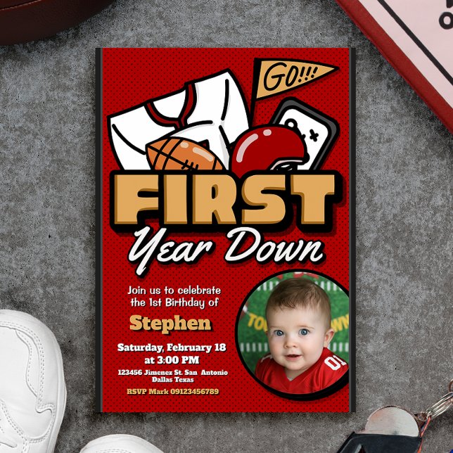 Invitación Primer Año Caído - Fútbol con Foto (First Year Down - Football with Photo Picture Invitation)