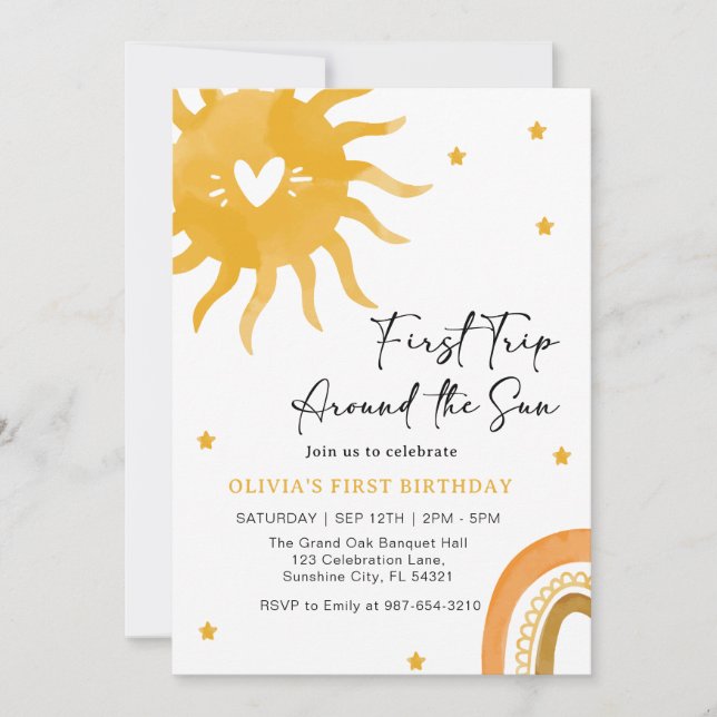 Invitación Primer año de Boho Baby alrededor del sol (Anverso)