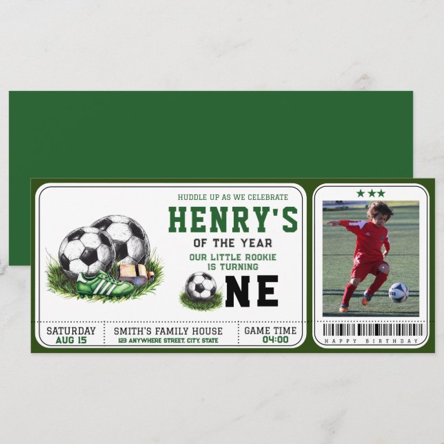 Invitación Primer año de caída | Primer cumpleaños del fútbol (Anverso / Reverso)