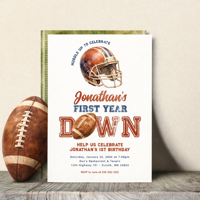 Invitación Primer Año de Fútbol Americano Cumpleaños 1º (First Year Down Football 1st Birthday Invitation)