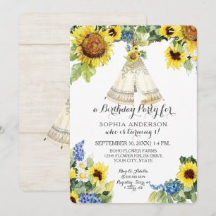 Invitación Primer Aventura de Cumpleaños BOHO Teepee Sunflowe
