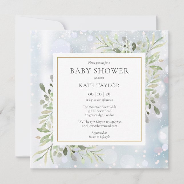 Invitación Primer Baby Shower verde de copos de nieve | Espol (Anverso)