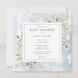 Invitación Primer Baby Shower verde de copos de nieve   Espol