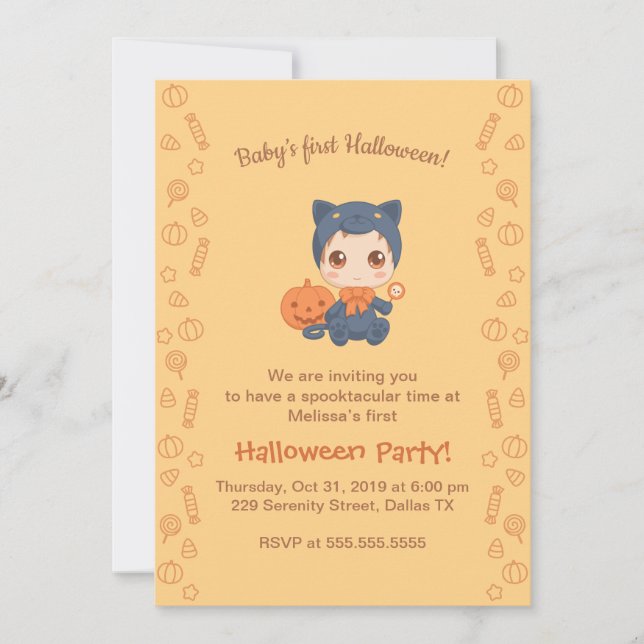 Invitación Primer bebé de Halloween Fiesta de gato negro (Anverso)