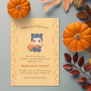 Invitación Primer bebé de Halloween Fiesta de gato negro