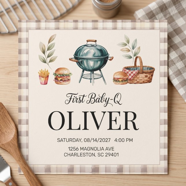 Invitación Primer bebé Q BBQ Primer cumpleaños Niño Rustico G (Subido por el creador)
