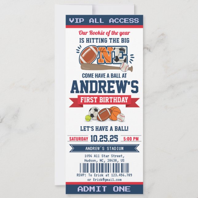 Invitación Primer billete de cumpleaños de All Star Sport per (Anverso)