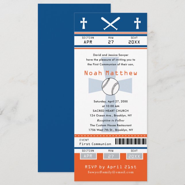 Invitación Primer boleto de béisbol de la Comunión del Naranj (Anverso / Reverso)