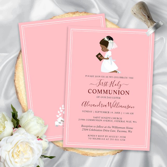 Invitación Primer Chica afroamericano de la comunidad rosado (First Communion African American Girl Pink Invitation)