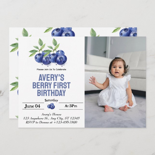 Invitación Primer Chica de Blueberry Berry Primer cumpleaños  (Anverso / Reverso)