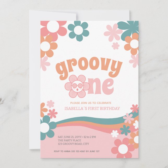 Invitación Primer Chica de cumpleaños Daisy Groovy Una invita (Anverso)