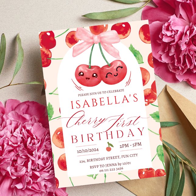 Invitación Primer Chica de cumpleaños de cereza primer cumple (Cherry First Birthday Girl 1st Fruit Bow Birthday Invitation)