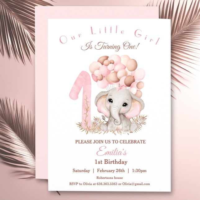 Invitación Primer Chica de cumpleaños lindo elefante rosa (First Birthday Girl Cute Elephant Pink Invitation)