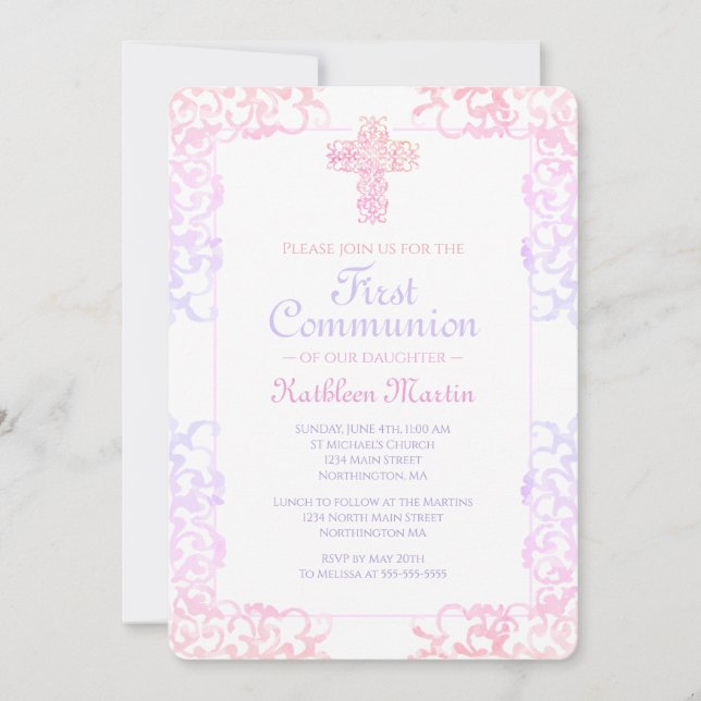Invitación Primer Chica de la Cruz Pastel Damask Elegante de  (Anverso)