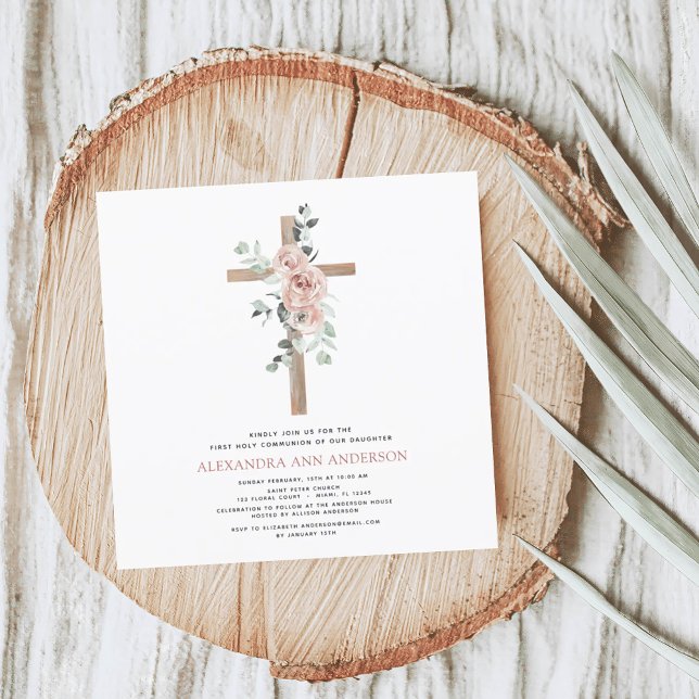 Invitación Primer Chica de la Santa Comunión, Dusty Pink Rose (Subido por el creador)