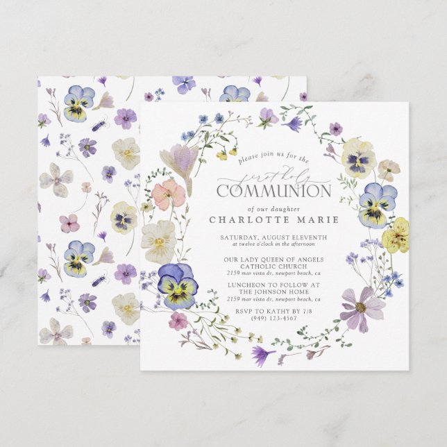 Invitación Primer Chica de la Santa Comunión Lilac y Floral A (Anverso / Reverso)