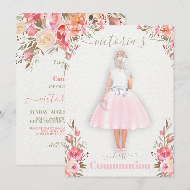 Invitación Primer Chica de retrato personalizado de la Santa  (Anverso / Reverso)