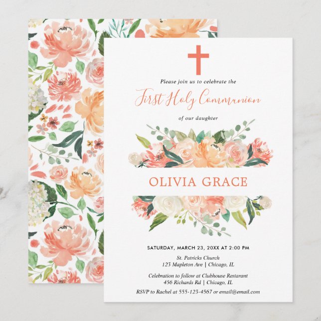 Invitación Primer chica elegante floral de la comunión santa (Anverso / Reverso)