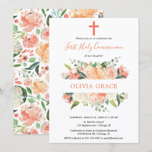 Invitación Primer chica elegante floral de la comunión santa