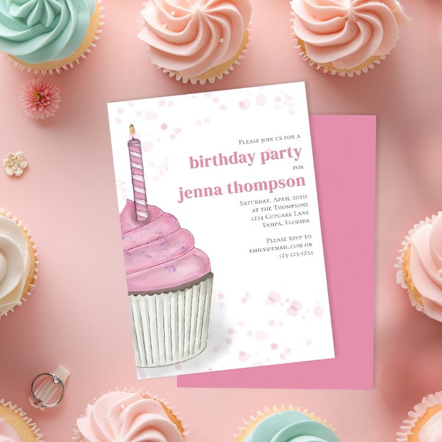 Invitación Primer Chica Fiesta de cumpleaños Personalizado de (Pink watercolor birthday cupcake custom invitaiton. )