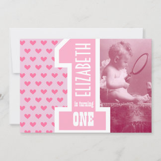Invitación Primer Chica Nacimiento Agregar foto Corazones Ros