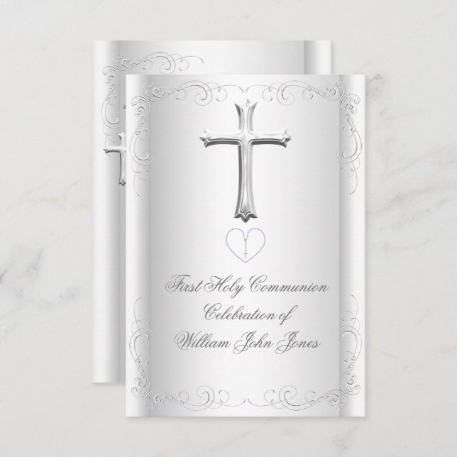 Invitación Primer chica/niño neutral de plata blanca (Anverso / Reverso)