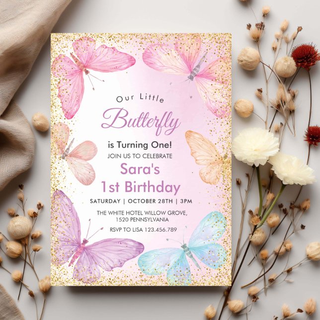 Invitación Primer Chica  Purpurina mariposa colorida (Subido por el creador)