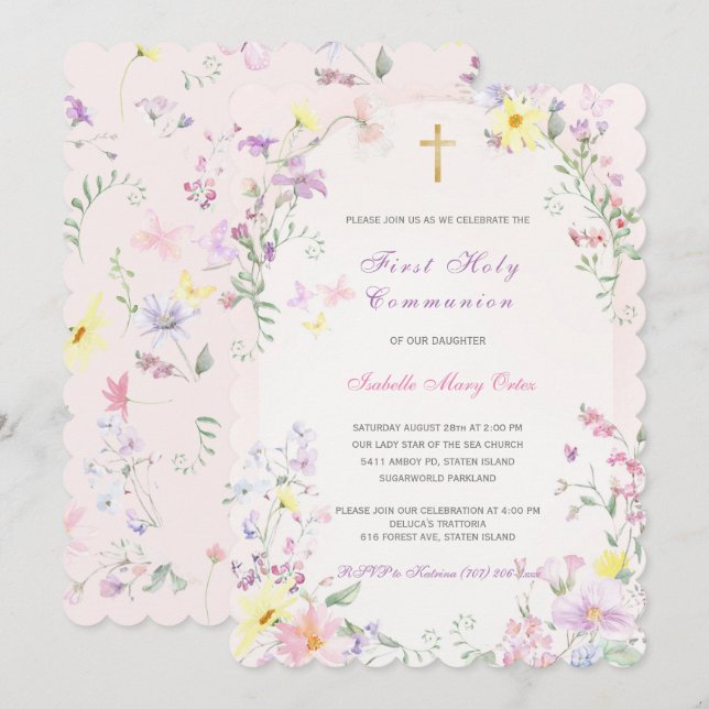 Invitación Primer Chica Rosa de la Santa Comunión (Anverso / Reverso)