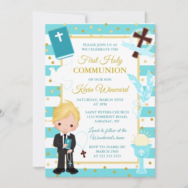 Invitación Primer comunión de niño rubio con raya azul (Anverso)