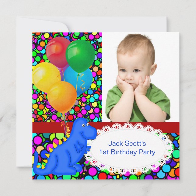 Invitación Primer Cumpleaños 1er Dinosaurio Rojo Verde Azul N (Anverso)
