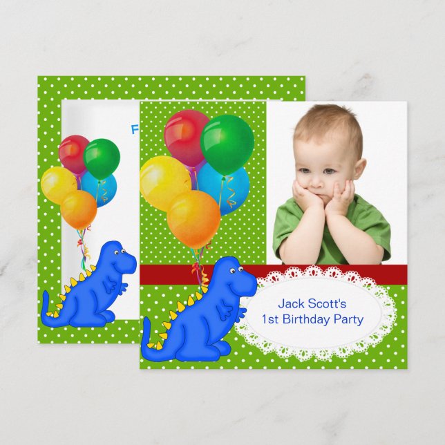Invitación Primer cumpleaños 1er Dinosaurio Verde Azul Niño (Anverso / Reverso)