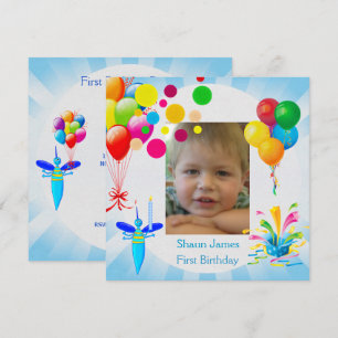 Invitación Primer Cumpleaños 1er Niño Azul Globos Insecto