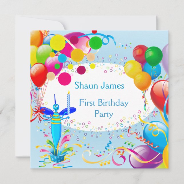 Invitación Primer Cumpleaños 1er Niño Globos Azules Bicho 2 (Anverso)