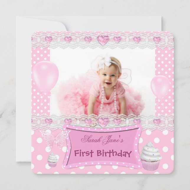 Invitación Primer Cumpleaños 1ra Niña Bebé de Lunares Rosados (Anverso)
