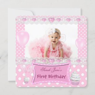 Invitación Primer Cumpleaños 1ra Niña Bebé de Lunares Rosados