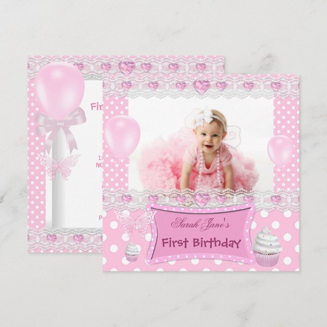 Invitación Primer Cumpleaños 1ra Niña Bebé Rosa Lunares (Anverso / Reverso)