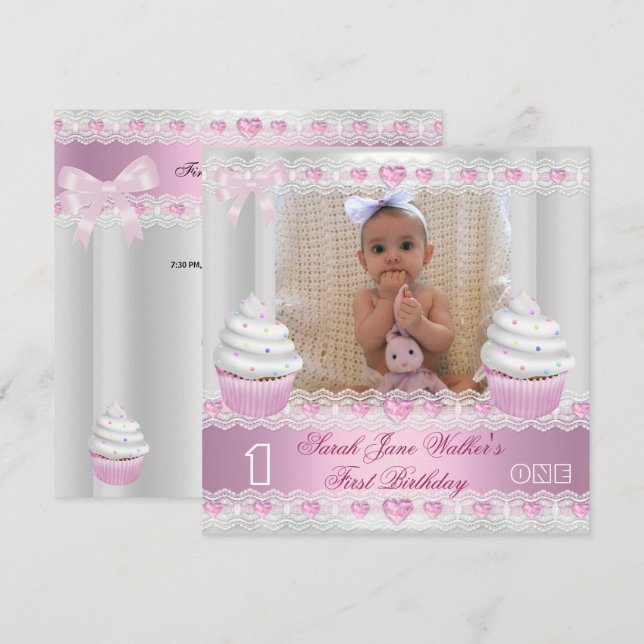 Invitación Primer Cumpleaños 1ra Niña Blanca Cupcake Rosa Beb (Anverso / Reverso)