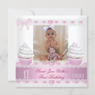Invitación Primer Cumpleaños 1ra Niña Blanca Cupcake Rosa Beb