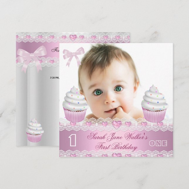 Invitación Primer Cumpleaños 1ra Niña Blanca Cupcake Rosa Beb (Anverso / Reverso)