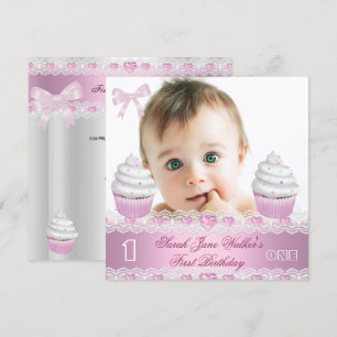Invitación Primer Cumpleaños 1ra Niña Blanca Cupcake Rosa Beb