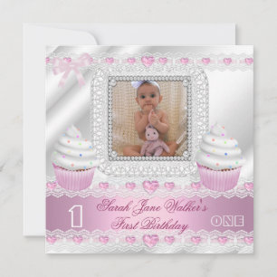 Invitación Primer Cumpleaños 1ra Niña Blanco Corazones Rosado