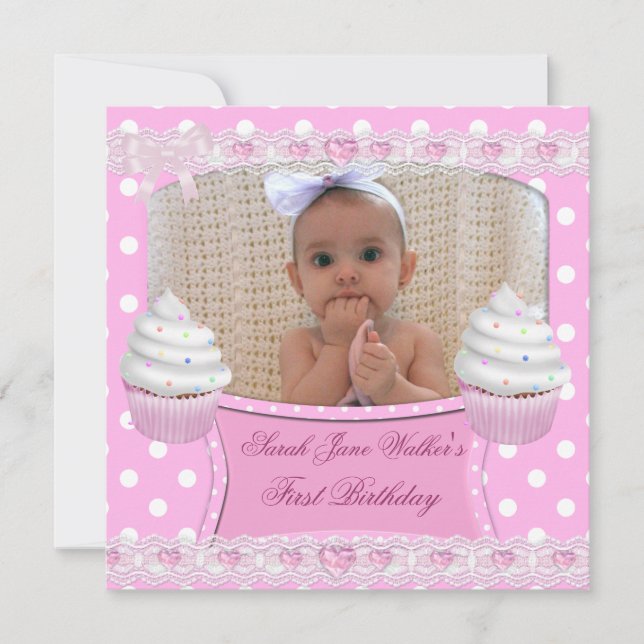 Invitación Primer Cumpleaños 1ra Niña Cupcakes Blancos Rosado (Anverso)