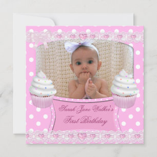 Invitación Primer Cumpleaños 1ra Niña Cupcakes Blancos Rosado
