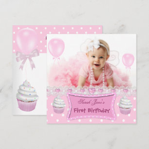 Invitación Primer Cumpleaños 1ra Niña Cupcakes Rosados Bebé