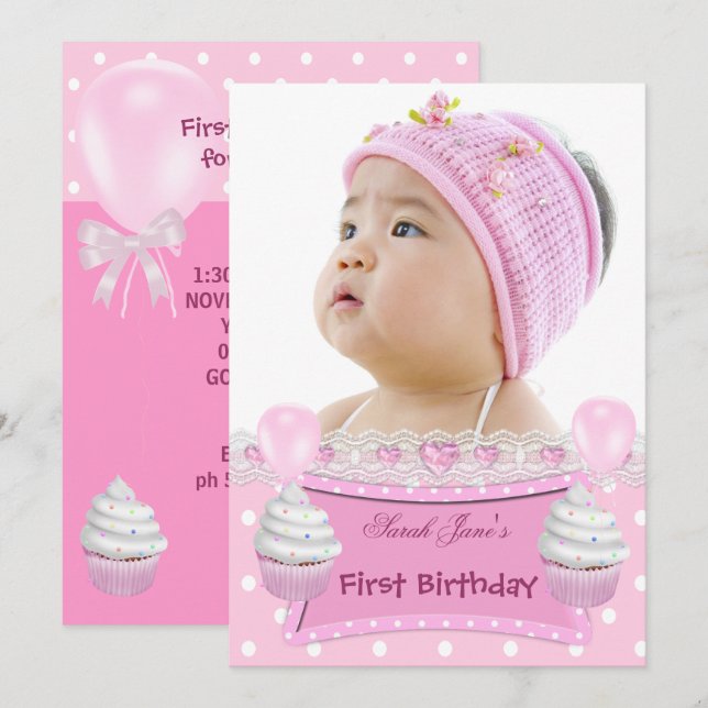 Invitación Primer Cumpleaños 1ra Niña Cupcakes Rosados Bebé (Anverso / Reverso)