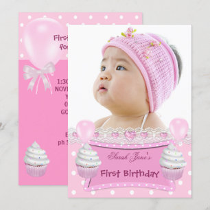 Invitación Primer Cumpleaños 1ra Niña Cupcakes Rosados Bebé