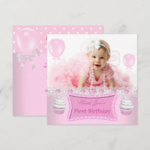Invitación Primer Cumpleaños 1ra Niña Cupcakes Rosados Bebé 2