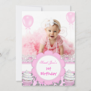 Invitación Primer Cumpleaños 1ra Niña Cupcakes Rosados Bebé L